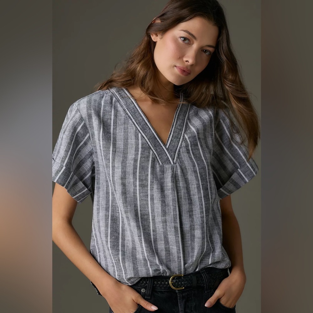 Anthropologie Gray Striped V-Neck Top
